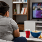 Imagem ilustrativa de uma criança com excesso de peso vista de costas enquanto assiste televisão, com alimentos sobre a mesa à sua frente. A fotografia representa um cenário comum associado ao sedentarismo e à obesidade infantil, tema que reforça a importância de hábitos saudáveis, alimentação equilibrada e prática regular de atividades físicas desde a infância.