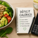 Prato com alimentos saudáveis, calculadora e caderno representando o déficit calórico como estratégia para o emagrecimento saudável.