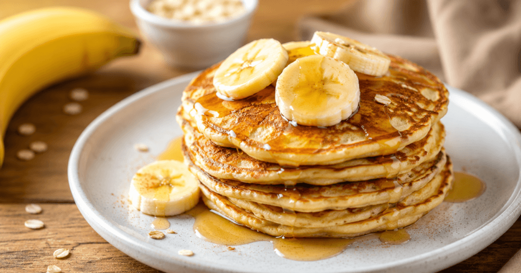 Panqueca de banana saudável servida em um prato com fatias de banana e mel, ideal para café da manhã ou lanche nutritivo.